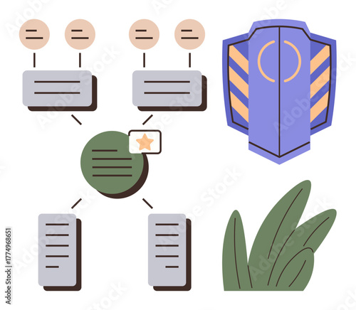 Central workflow diagram with connected nodes and star label, shield icon for protection, and decorative green plant. Ideal for teamwork, organization, security, communication, planning