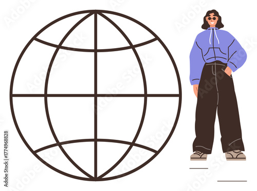 Person in trendy outfit stands beside a globe outline, symbolizing global community, modern culture, individuality, unity, travel, exploration, and social awareness. Simple flat metaphor