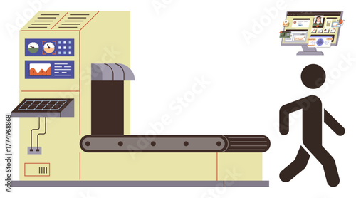 Large machine with control panel and conveyor belt, figure walking away, computer screen with charts. Ideal for data processing, system automation, analytics, productivity, innovation, efficiency
