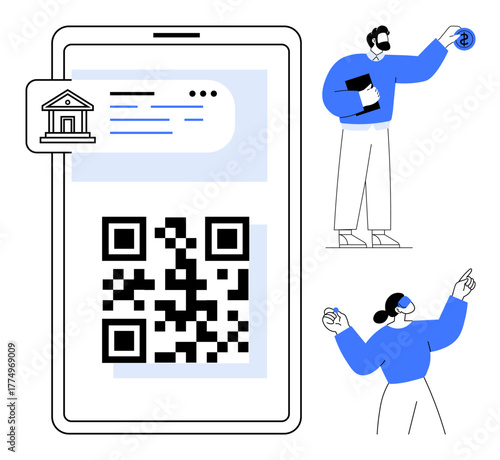 QR code on smartphone screen with banking app, man explaining with document, woman pointing. Ideal for fintech, banking, payment, transaction, digital wallet, e-commerce simple flat metaphor