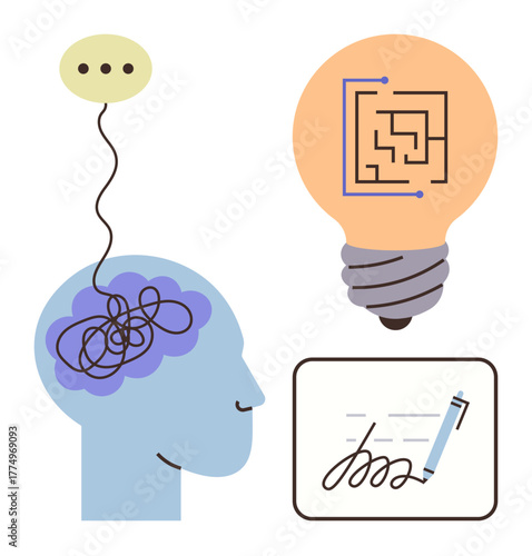 Human head with tangled thoughts, light bulb with maze representing problem-solving, and pen signing symbolizing clarity. Ideal for creativity, innovation, knowledge, decision-making, strategy