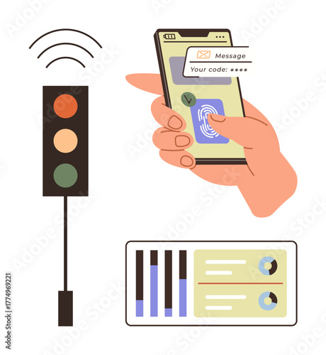 Hand scanning fingerprint on mobile device, traffic light with wireless signals, data analytics panel. Ideal for security, technology, data analysis, communication, smart devices, user