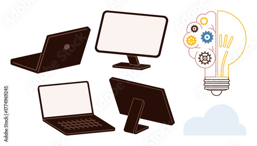 Open and closed laptops, desktop monitors next to a lightbulb filled with gears. Ideal for innovation, creativity, technology, business solutions, brainstorming, ideas and productivity. Simple flat
