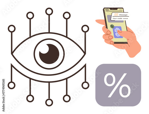 Biometric eye surrounded by circuits, hand holding a smartphone for digital verification, and percentage box. Ideal for cybersecurity, technology, privacy, biometrics, digital finance