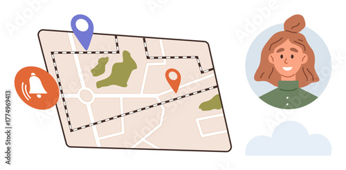 Map with route lines, location pins, and notification icon alongside a smiling woman s profile. Ideal for navigation, tracking, geolocation, communication, notifications, travel and community