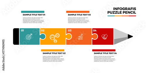 Pencil puzzle infographic with 4 step illustration and business vector icon, useful for business presentation, company report, web, ui ux, button, cover, business poster.