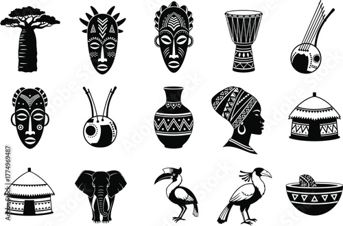 Collection of african cultural symbols including masks huts drums animals and pottery in black and white illustration style