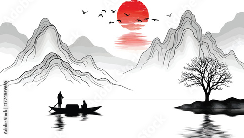 Serene ink wash painting of a lone boat with two figures on a tranquil lake reflecting a vibrant red sun and misty mountains