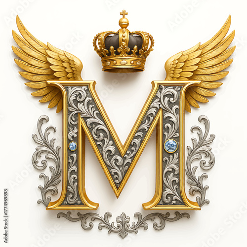 Elegant golden and silver ornate letter M, adorned with a majestic crown and graceful wings, featuring intricate filigree and a sparkling gemstone, symbolizing luxury and prestige