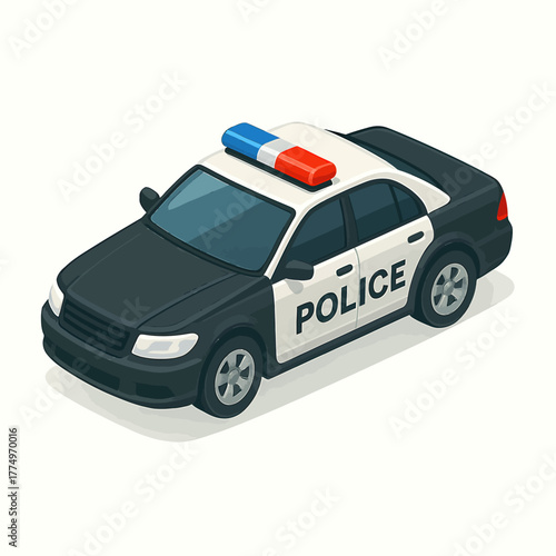 Detailed isometric police car illustration isolated on white. Emergency patrol vehicle for law enforcement and public safety concepts