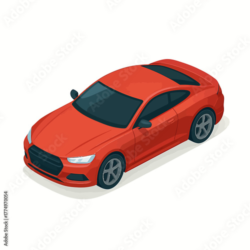 Isometric Red Sports Coupe Car Vector Illustration on White Background