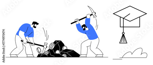 Two men using hammer and pickaxe to break rocks, paired with a graduation cap. Ideal for education, effort, perseverance, skill-building, personal growth, success, simple flat metaphor