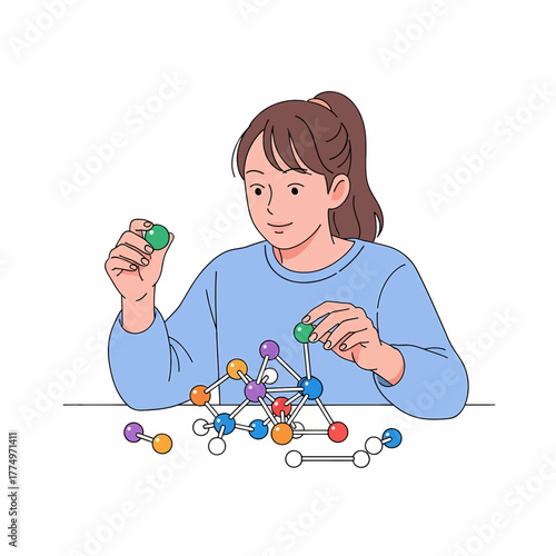 Young girl building a molecular model with colorful spheres and sticks.