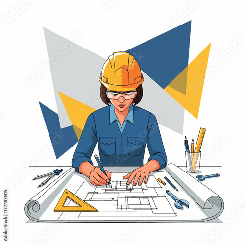 Female Engineer Working on Blueprints with Hard Hat and Tools.