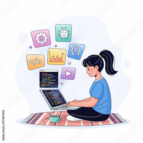 Young woman coding on laptop with software icons floating around her.