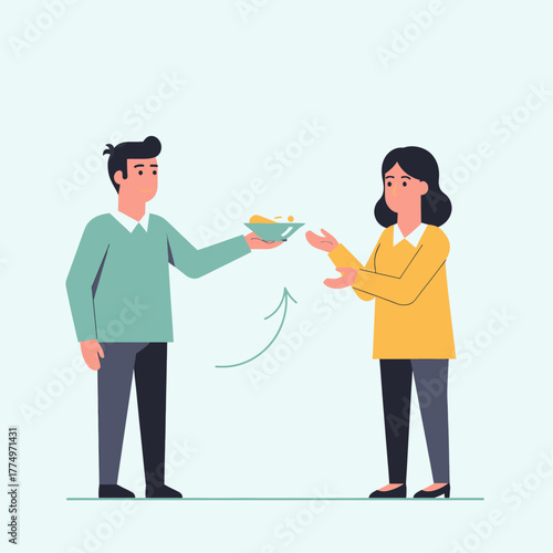 Man offering food to woman who is refusing.