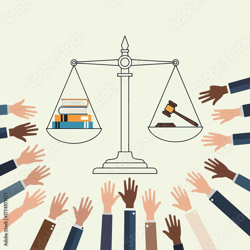 Scales of Justice with Books and Gavel Surrounded by Diverse Hands Reaching Up.