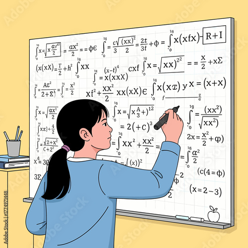 Young girl diligently solving complex mathematical equations on a whiteboard.