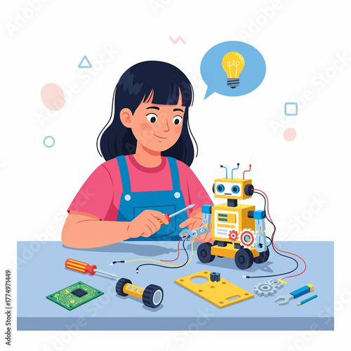 Young girl building a robot with tools and components.