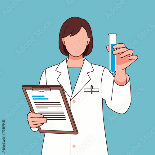 Scientist holding test tube and clipboard in laboratory.