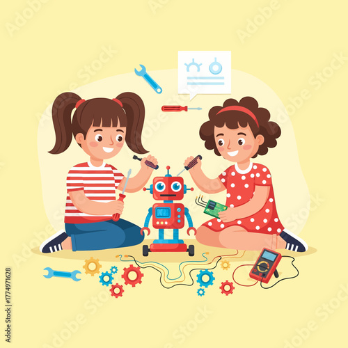 Two young girls building a robot together with tools and gears.