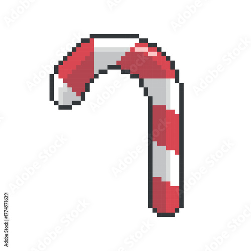 Pixel art candy cane icon. Candy vector pixel art. Glossy red and white Christmas lollypop sprite.  Sweet holiday game asset. Clean outlined 