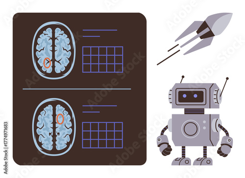 Brain scan with highlighted sections, technological robot with gears, and a rocket flying. Ideal for AI, innovation, robotics, space exploration, neuroscience, future technology scientific progress