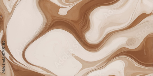 Flowing dark melted chocolate with a creamy smooth texture forms a sweet brown liquid dessert swirl pattern