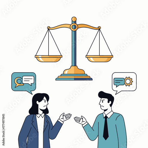 Two people arguing under a scale of justice symbol representing legal dispute.