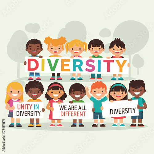 Diverse group of happy children holding signs promoting unity and diversity.