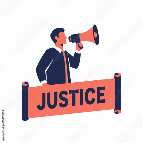 Man with Megaphone Announcing Justice Symbol.