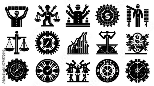 Collection of Business, Law, Justice, Finance, and Time Related Abstract Vector Icons. Work, Balance, and Management Symbols.