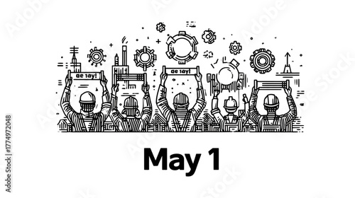 May 1st Labor Day concept illustration depicting workers, factories, and gears, symbolizing International Workers' Day solidarity and protest.