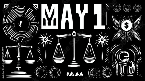 May 1st Labor Day illustration: Worker rights, social justice, equality, and economic symbols with justice scales on black.