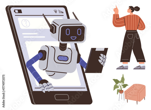 Robot assistant on smartphone interacts with a woman pointing at it and home setting with plant and chair. Ideal for AI, innovation, technology, digital assistant, future, education, communication