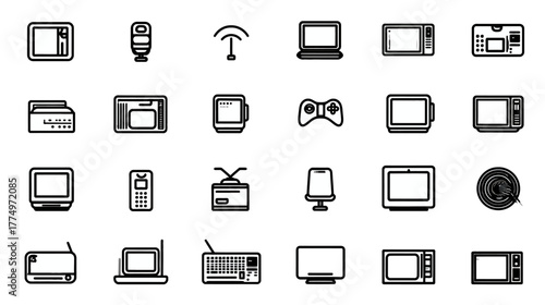 Outline technology icons set: electronic devices, home appliances, communication gadgets, and entertainment equipment collection.