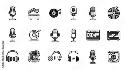 Music and Audio Recording Studio Icons Collection. Vintage Microphones, Turntables, Headphones, Mixer Equipment Vector Set.