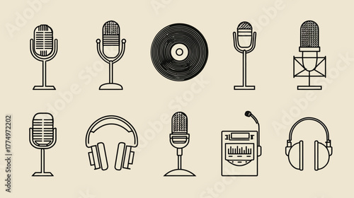 Retro Audio Equipment Line Art Icons Set: Vintage Microphones, Vinyl Record, Headphones, and Recorder for Music & Podcast