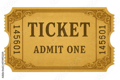 Vintage admit one ticket design for event entry, showing numbering and decorative border on transparent background