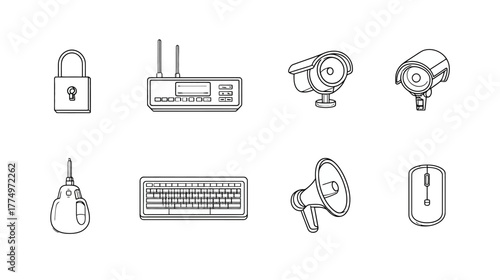 Modern Technology and Digital Security Line Icons Collection with Computer Peripherals, Network Devices, and Surveillance