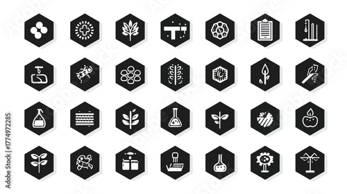 Comprehensive Science and Agriculture Vector Icon Set: Biology, Genetics, Chemistry, Plants, Farming, Research & Innovation Symbols