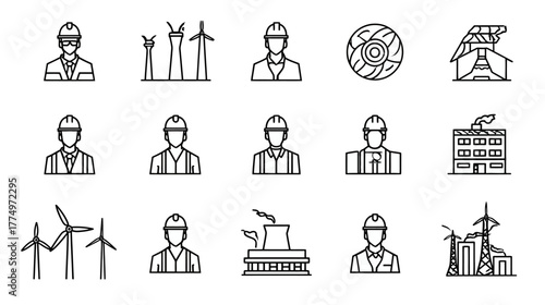 Engineer and Energy Industry Line Icons Set. Renewable Power, Industrial Professionals, Sustainable Technology Vector Collection.