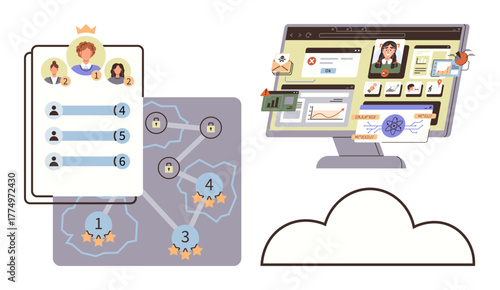 Leaderboard ranking next to productivity monitoring on a screen, connected by cloud. Ideal for teamwork, management, analytics, gamification, UX design, task sharing workflow optimization. Simple