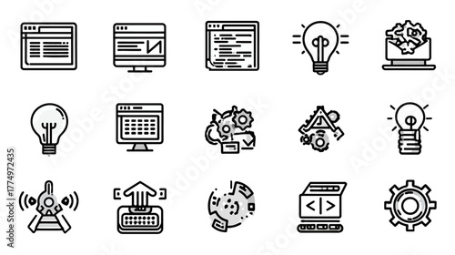 Modern web development, coding, and programming vector line icons set. Digital technology, software, innovation, and creative idea concepts.