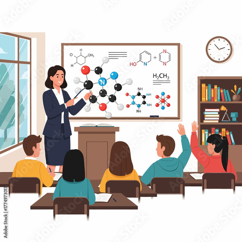 Teacher explaining chemistry lesson to students in classroom.