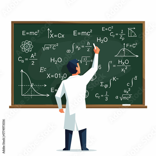 Scientist Writing Complex Mathematical Formulas on a Chalkboard.