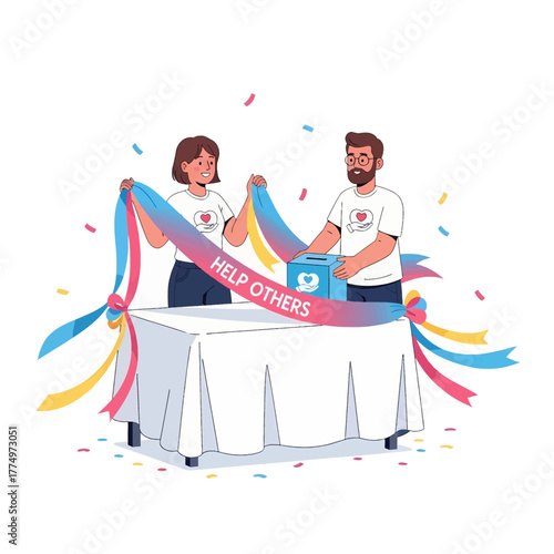 Volunteers Unveil Help Others Banner at Donation Event.