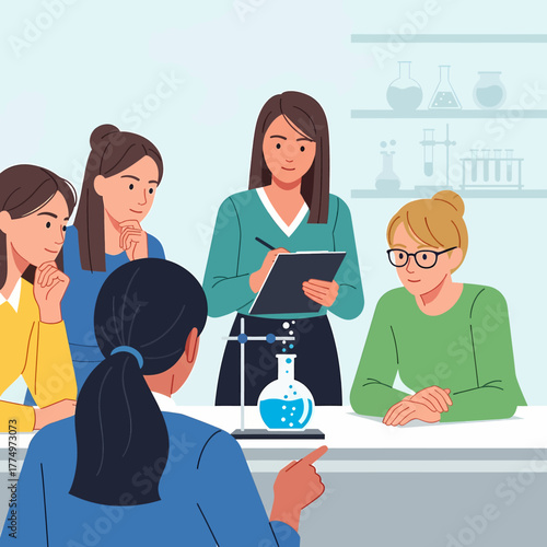 Diverse group of students and teacher in a science lab setting.