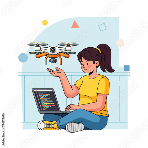 Young girl programming a drone with a laptop computer.