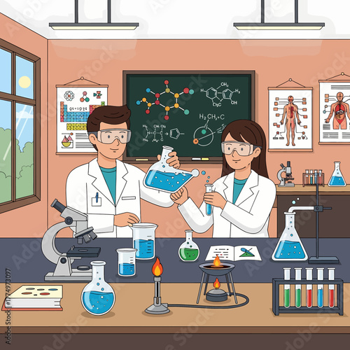 Two students in lab coats conducting a science experiment with beakers and test tubes.
